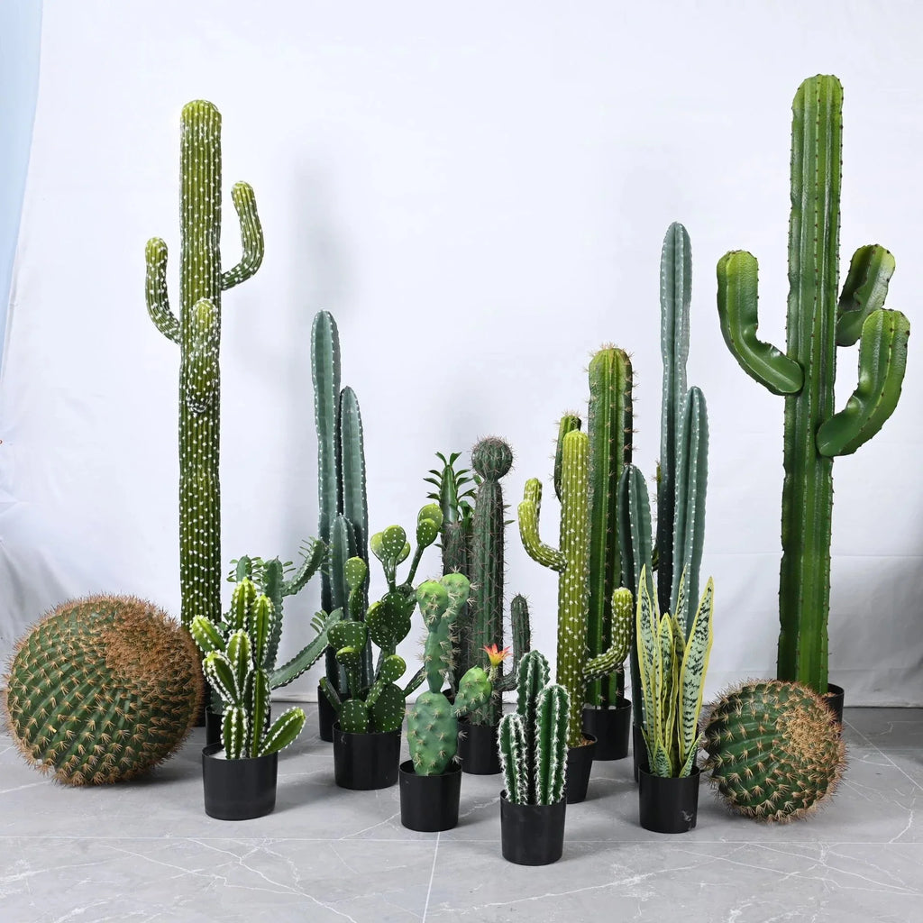 The 3.3ft cactus used outdoors on a sunny patio table beside a chair