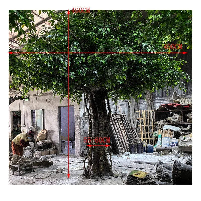 The banyan trunk and aerial roots, moulded with deep irregular bark texture