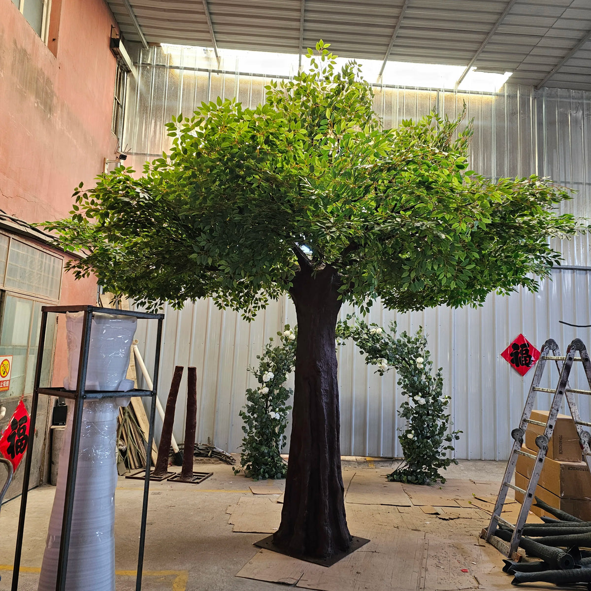 Artificial banyan tree 13ft tall, dense ficus foliage spread across a wide crown
