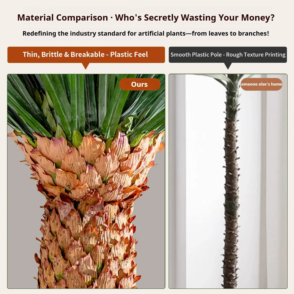 Base of the artificial dracaena where its stems rise from the potting surface