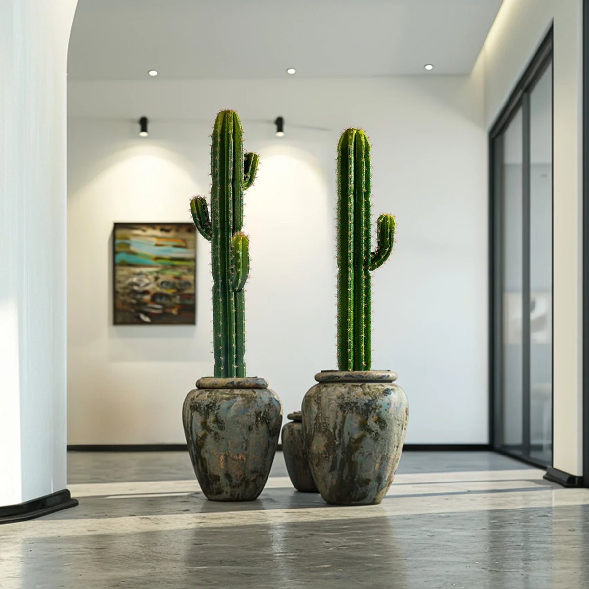 The cactus used as a floor plant in a hotel lobby standing beside seating