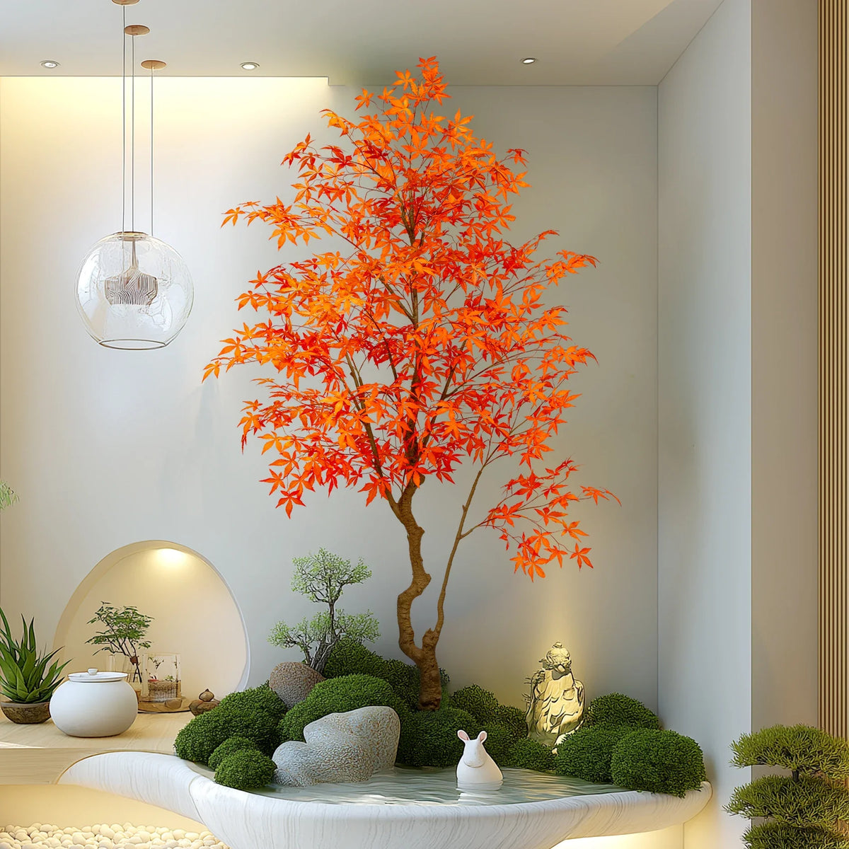 The 8ft golden red maple standing in an interior beside a plain pale wall