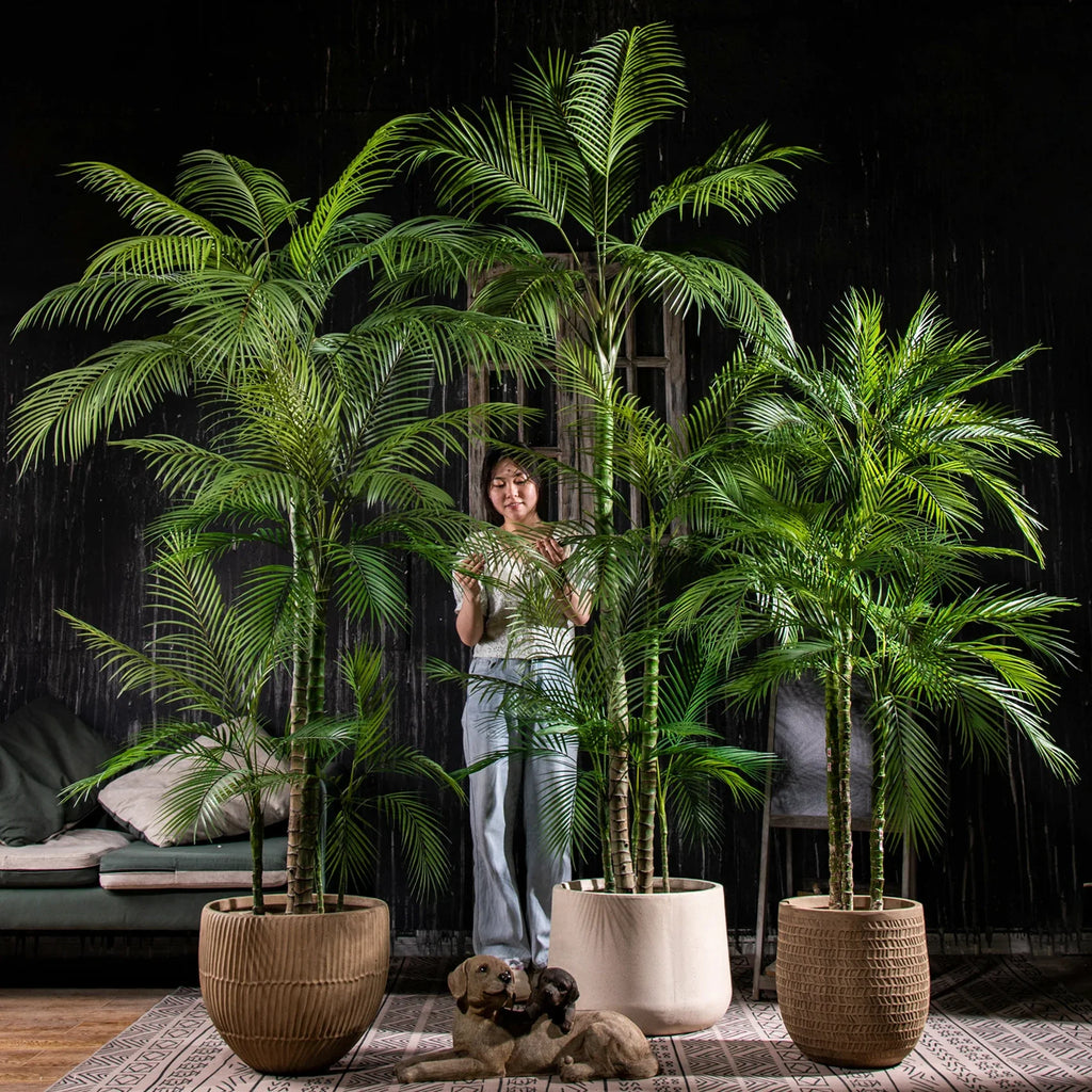 Artificial areca palm 7ft tall, potted, feathered fronds arching from cane stems
