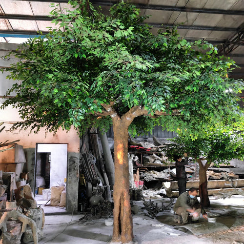 Artificial banyan tree 5m tall, dense ficus foliage across a very wide crown