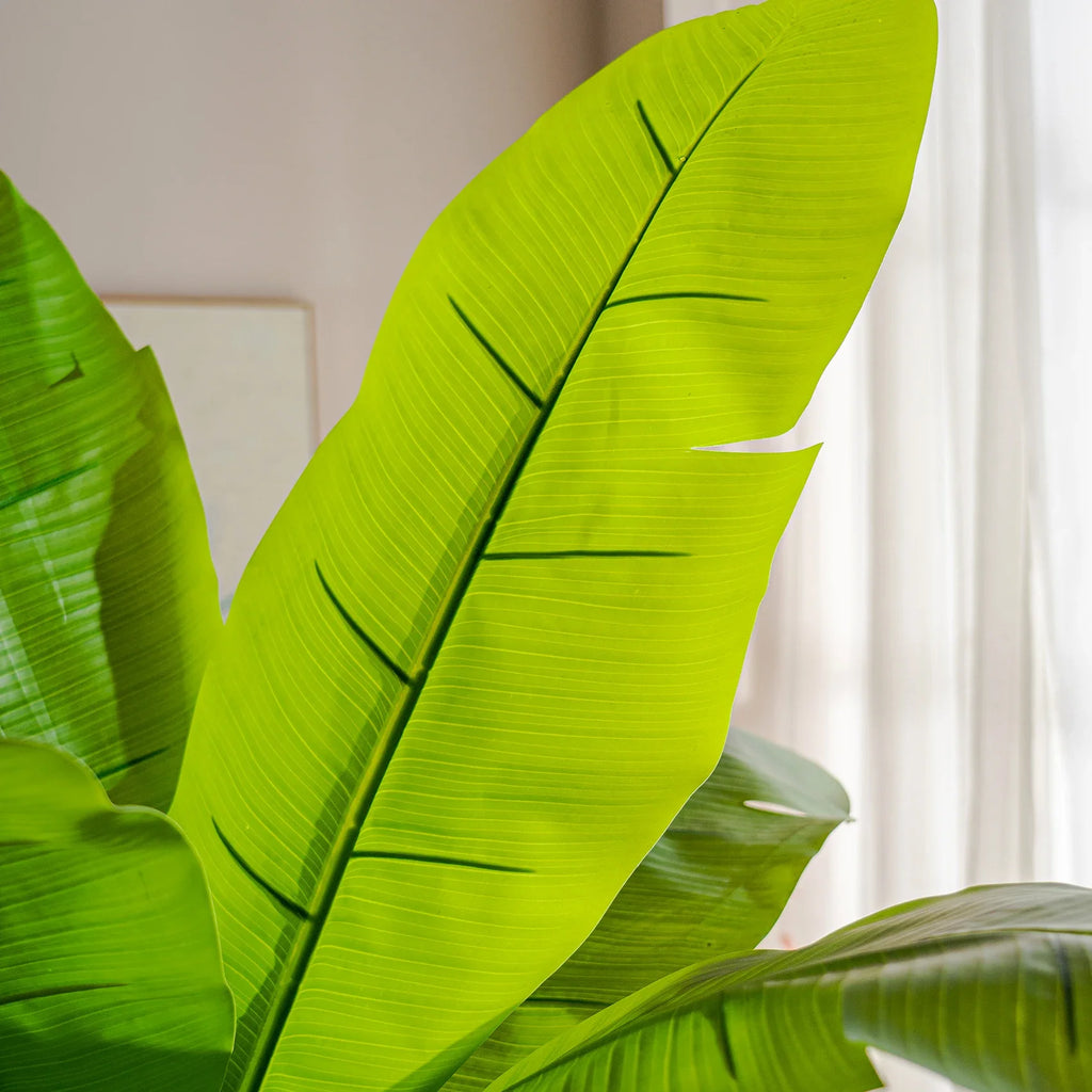 New leaves furled tight at the crown of the artificial banana plant