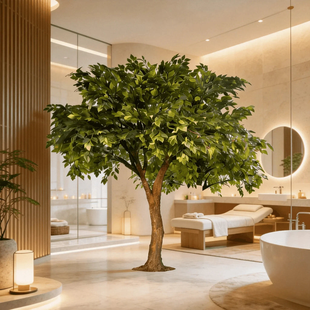 Artificial banyan tree, dense ficus foliage spreading over a broad crown