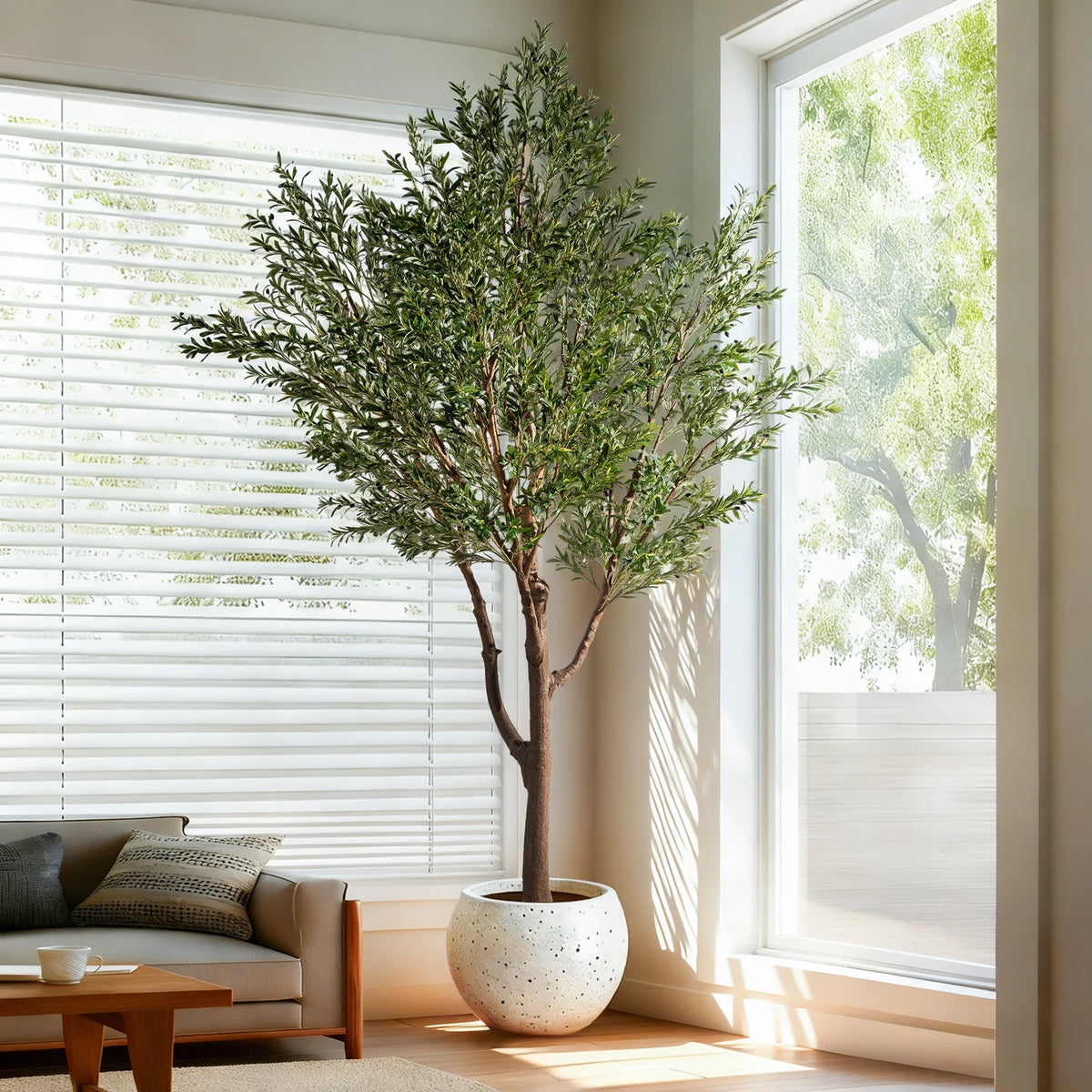 Artificial olive bonsai 11.5ft (350cm) tall, silver-green foliage on a sculpted trunk