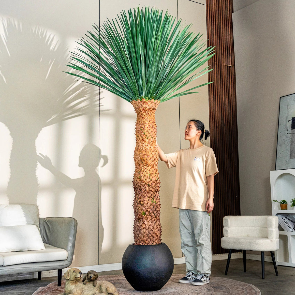 Artificial dracaena tree with slim arching leaves fanning out from its woody stems