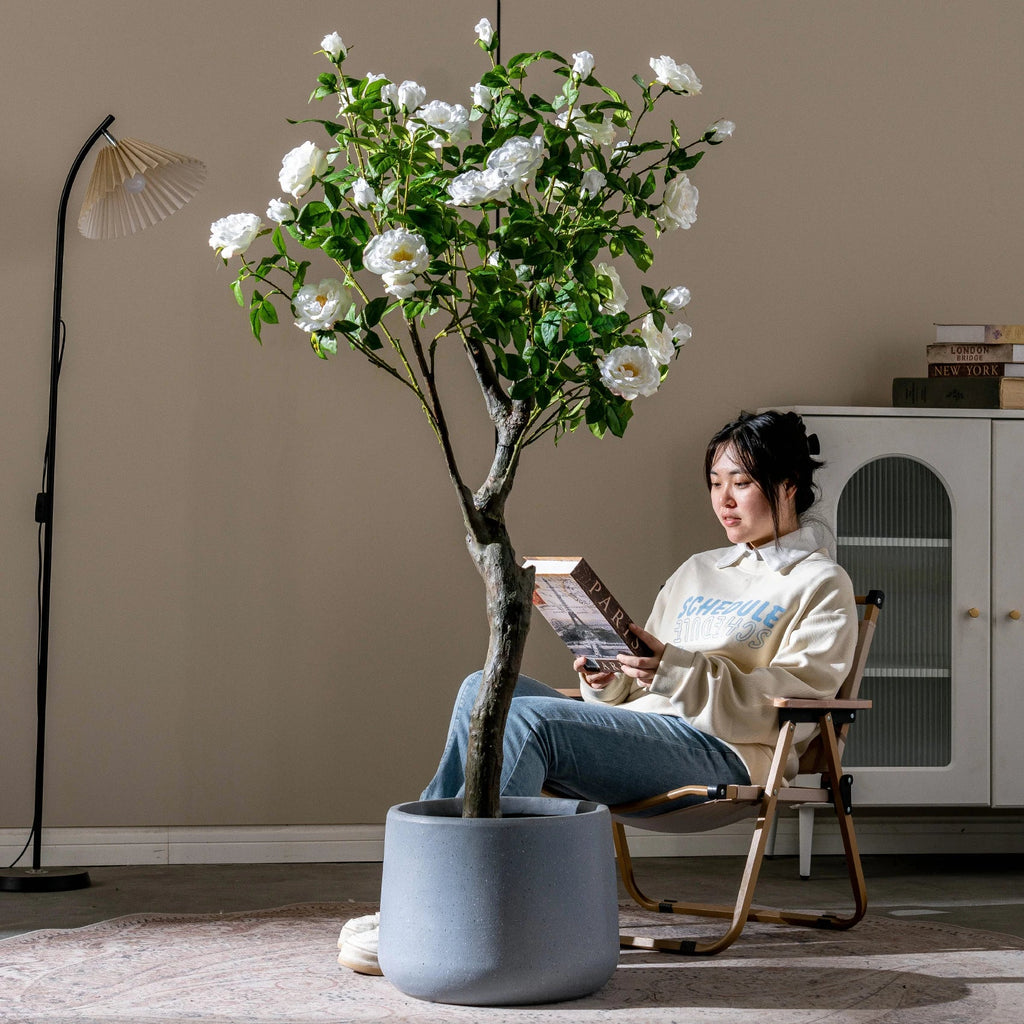 Artificial rose tree 5ft tall, pink roses gathered into a dense rounded crown