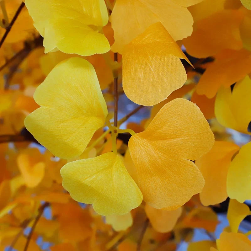 Close-up of the handcrafted silk ginkgo leaves, each fan cut and veined by hand
