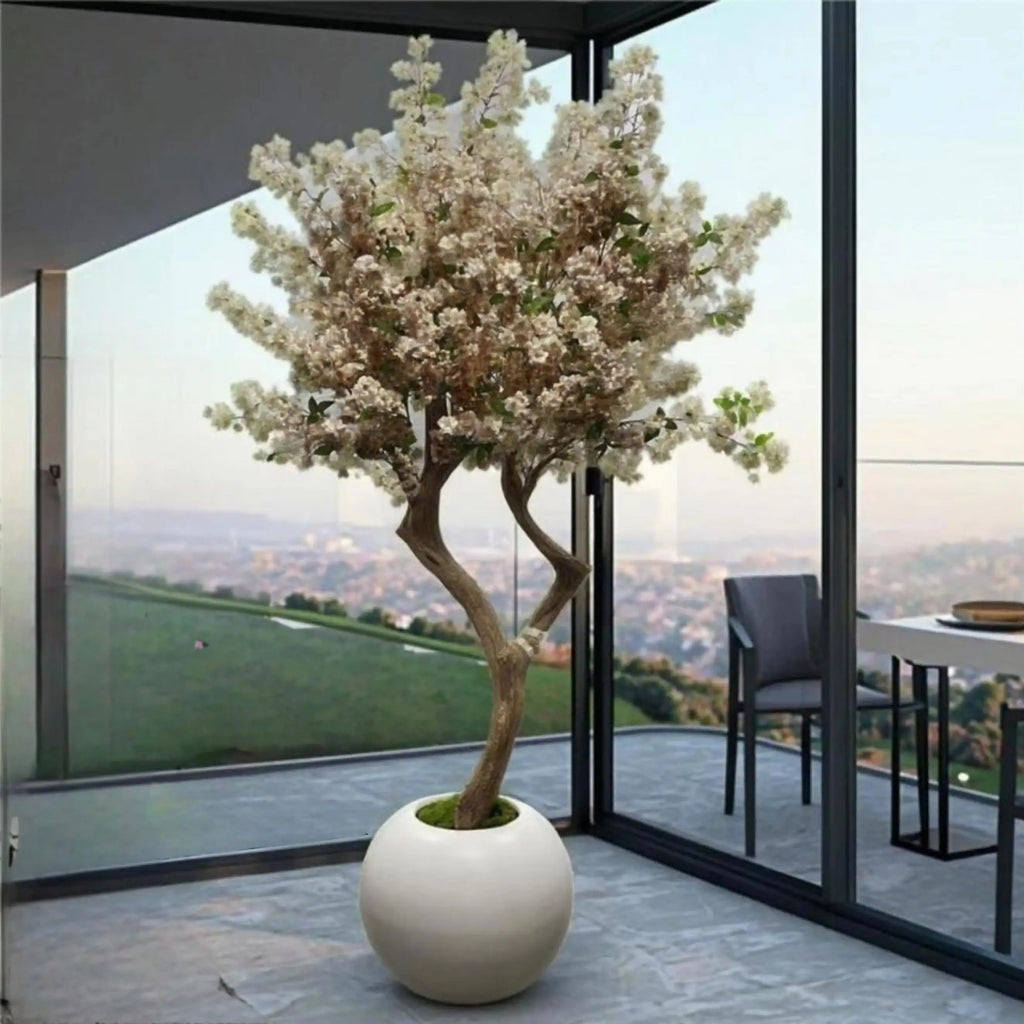 Artificial white cherry blossom bonsai 2.3m tall, blossom on a sculpted trunk
