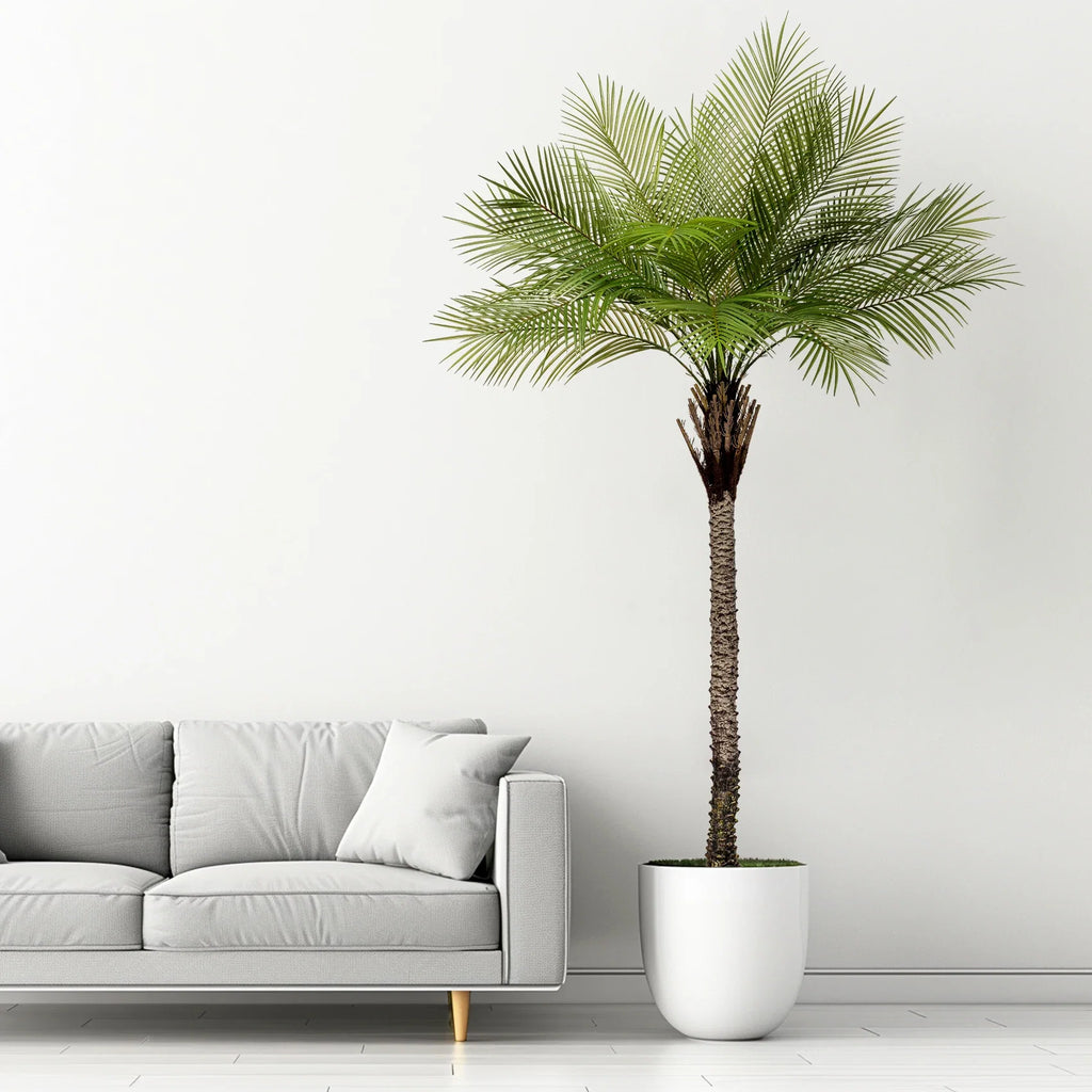 Pot and base of the 7.5ft artificial palm, topped with moss and stones