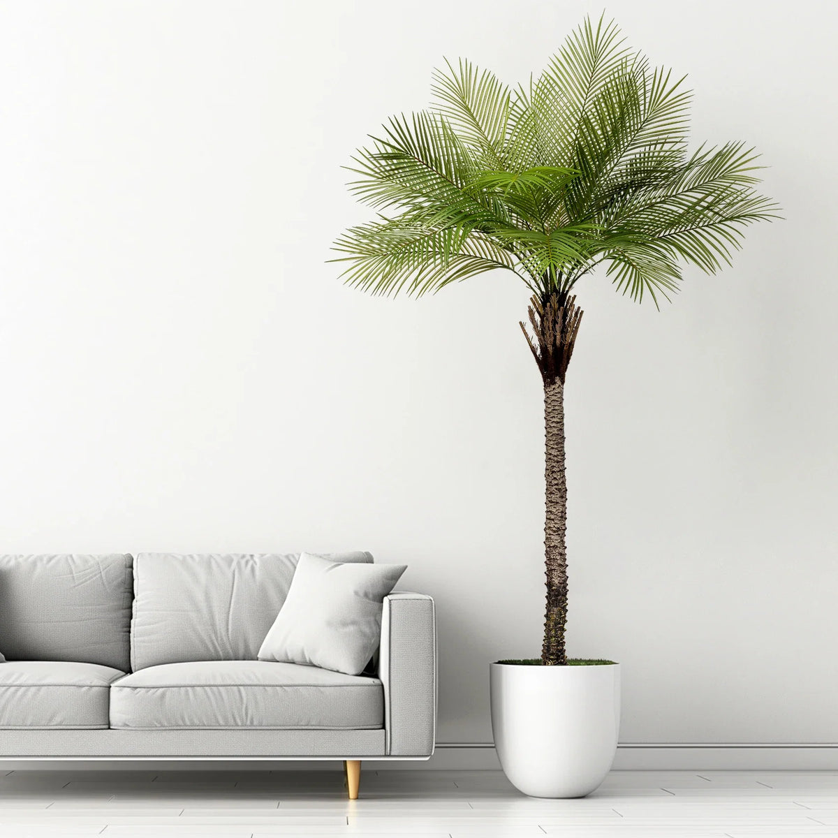 Pot and base of the 7.5ft artificial palm, topped with moss and stones