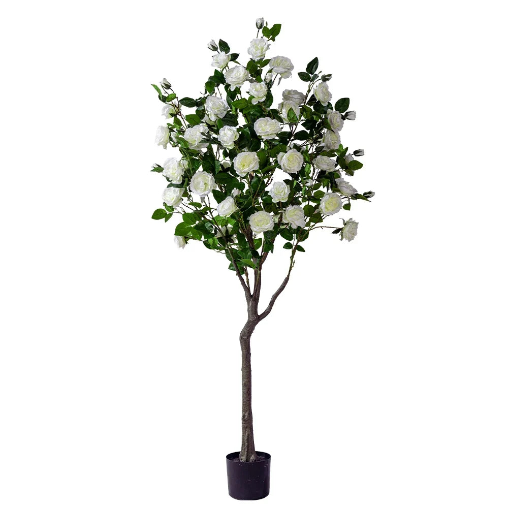 A pair of rose trees flanking a wedding aisle as floral entrance decoration