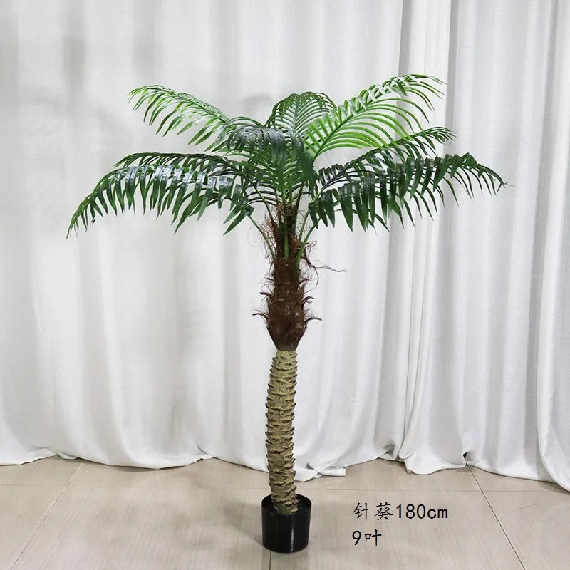 The 7ft and 12ft artificial areca palms shown together for height comparison