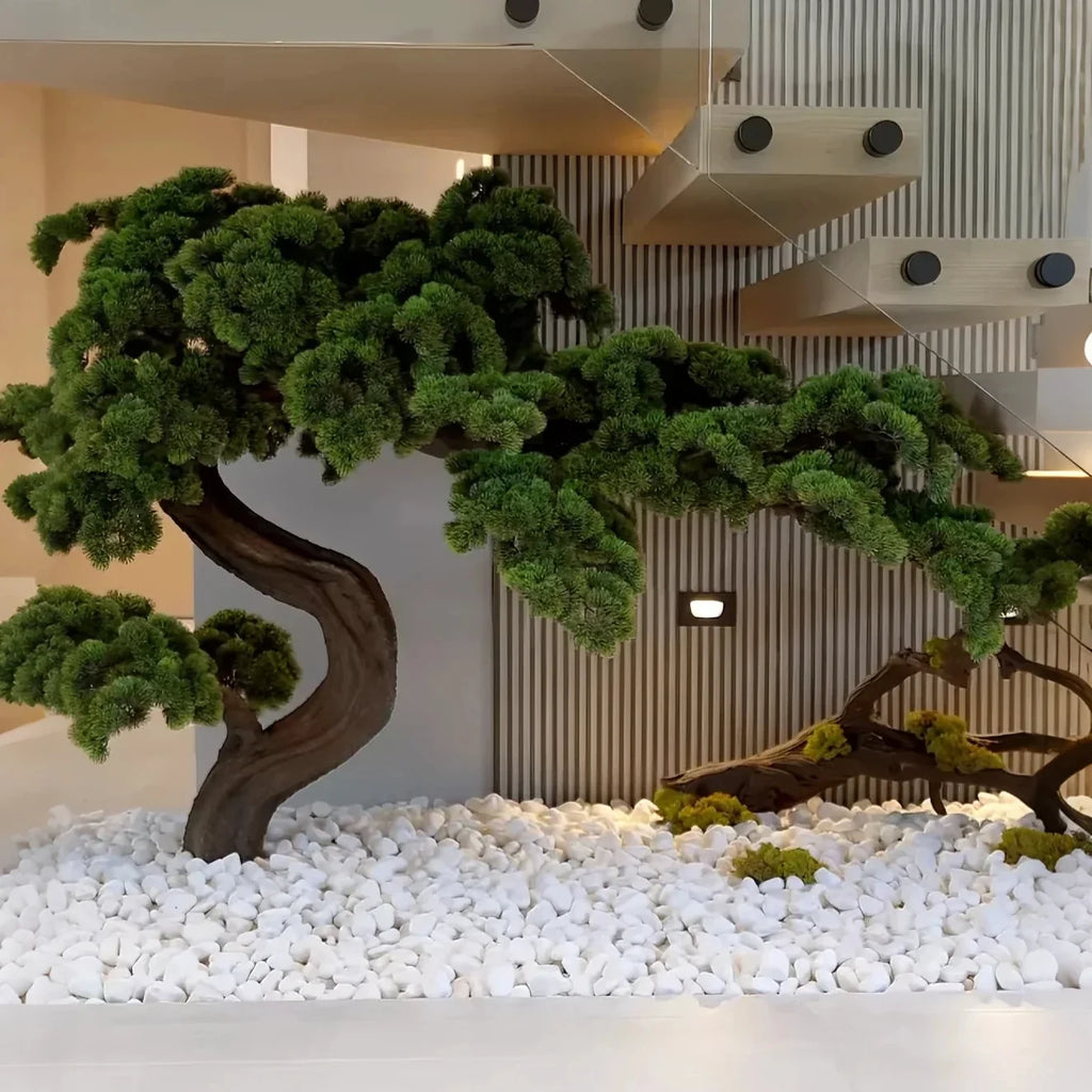 The pine bonsai on a low table in a living room as low-maintenance greenery