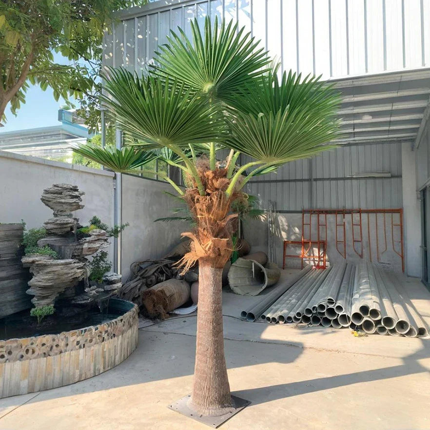 Artificial fan palm made from 2m to 10m tall, with pleated fan leaves at the crown