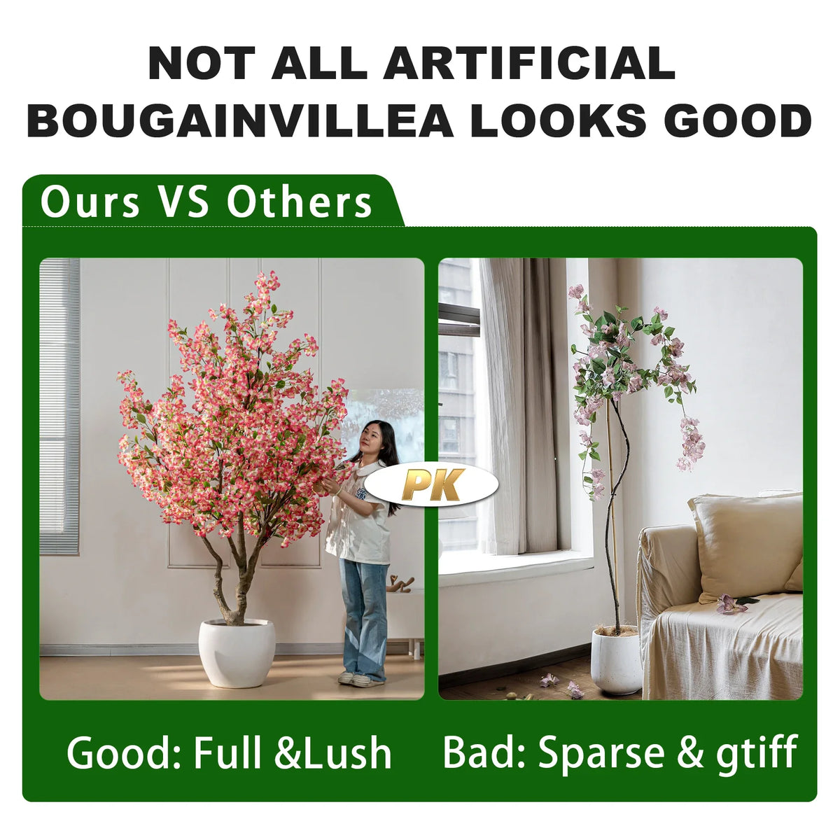 The 7ft bougainvillea on a covered terrace beside outdoor seating and planters
