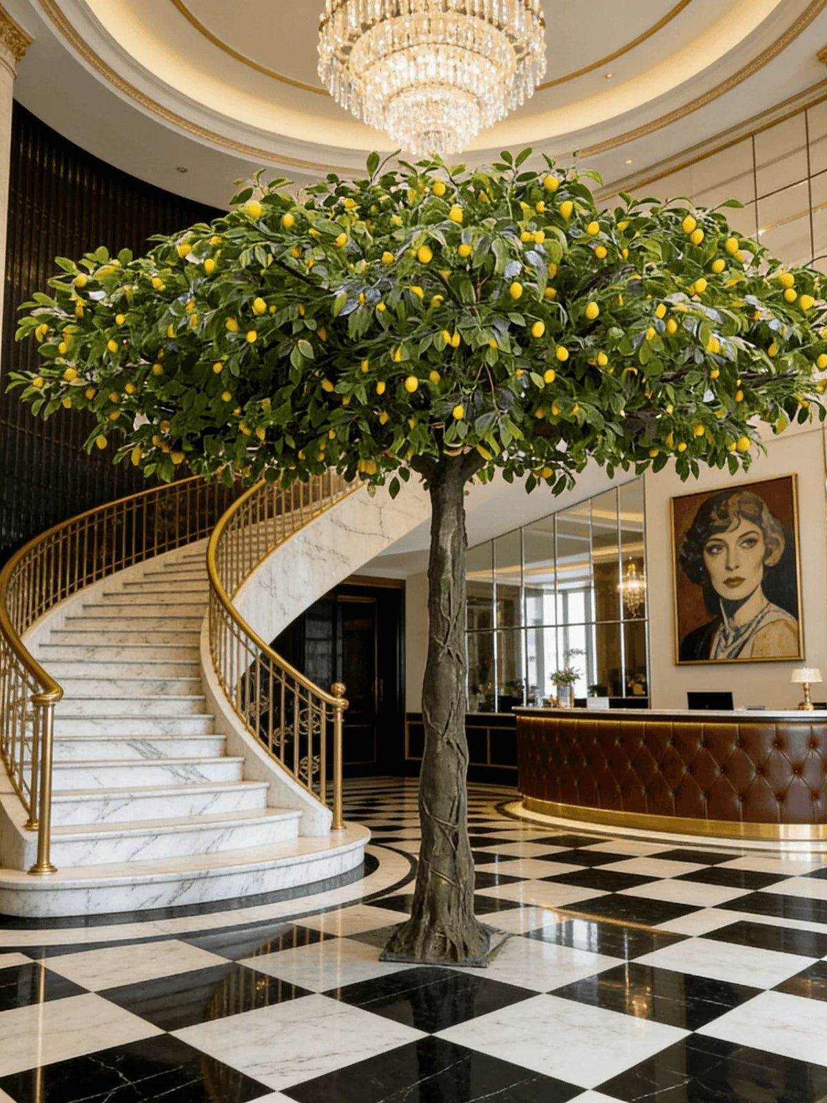 Artificial lemon tree 6.7ft tall, yellow fruit among green leaves on a fibreglass trunk