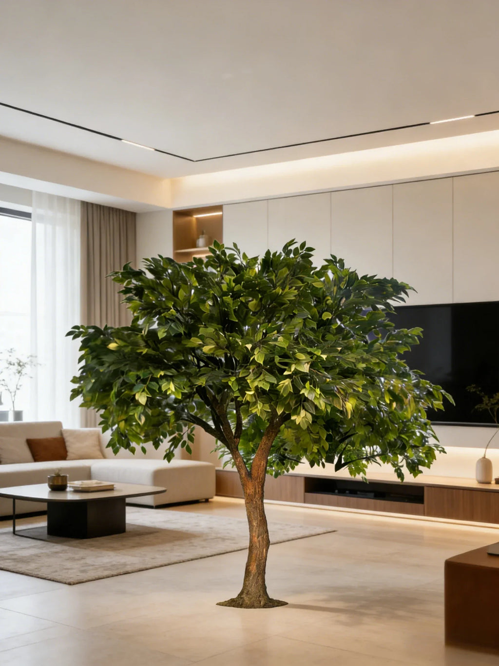 The tree in a restaurant interior, branches spreading above the tables