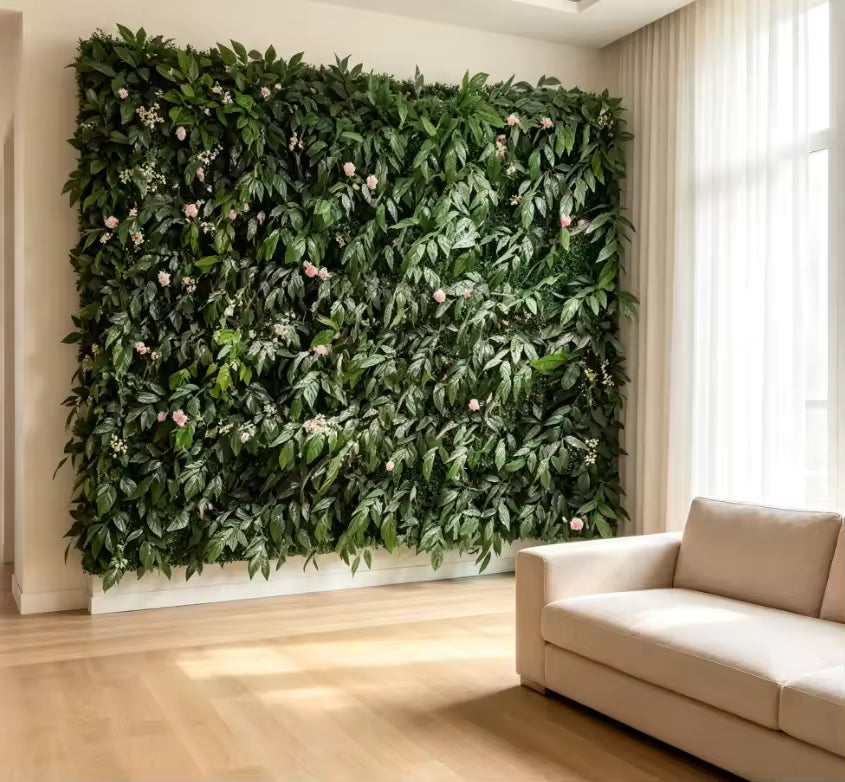 Boxwood panels tiled into a full-height green backdrop wall in a hotel lobby