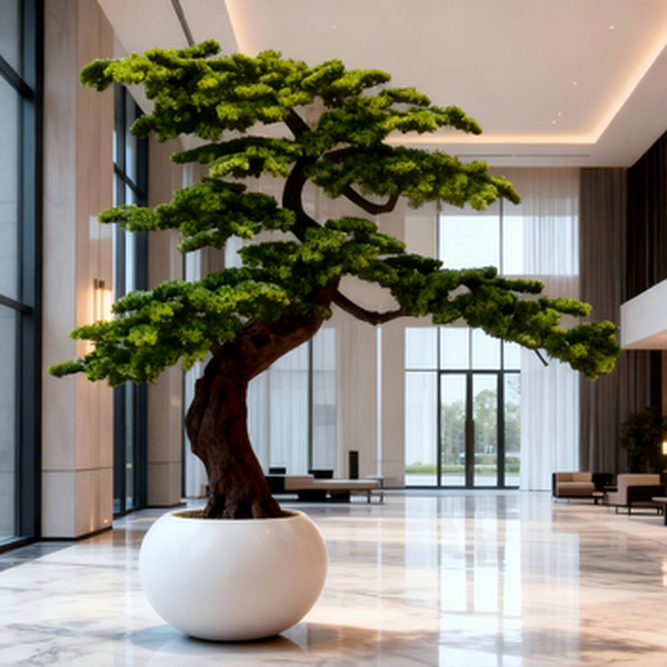 Artificial cedar bonsai pine 6.5ft tall, branches layered into flat evergreen pads