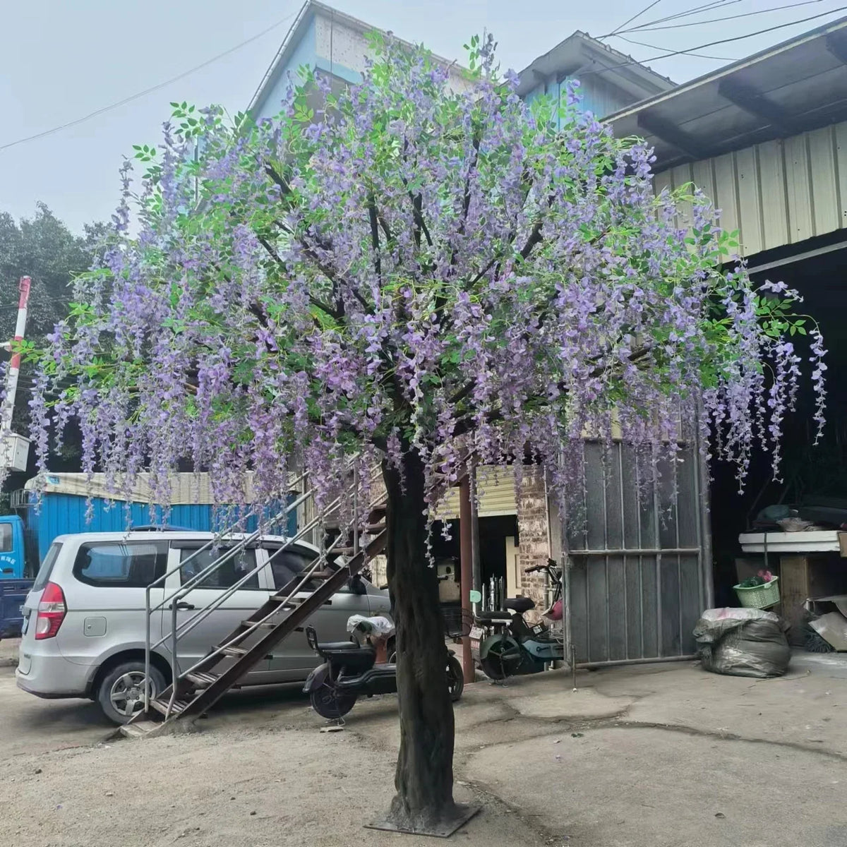 Artificial wisteria tree 3.5m tall, flowering racemes hanging from a wide canopy