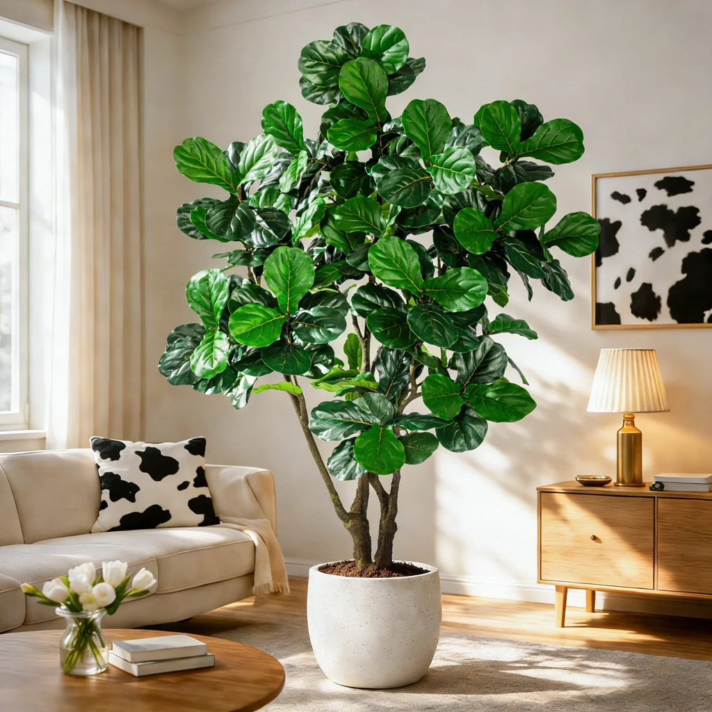 The fiddle leaf fig in a hotel lobby standing beside a lounge chair