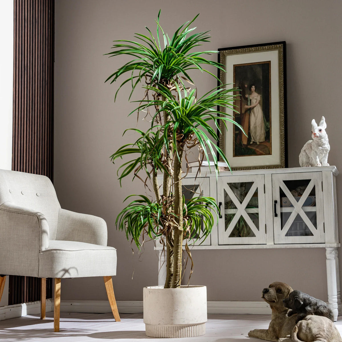 Artificial dracaena marginata with spiky leaf crowns set on slim bare canes