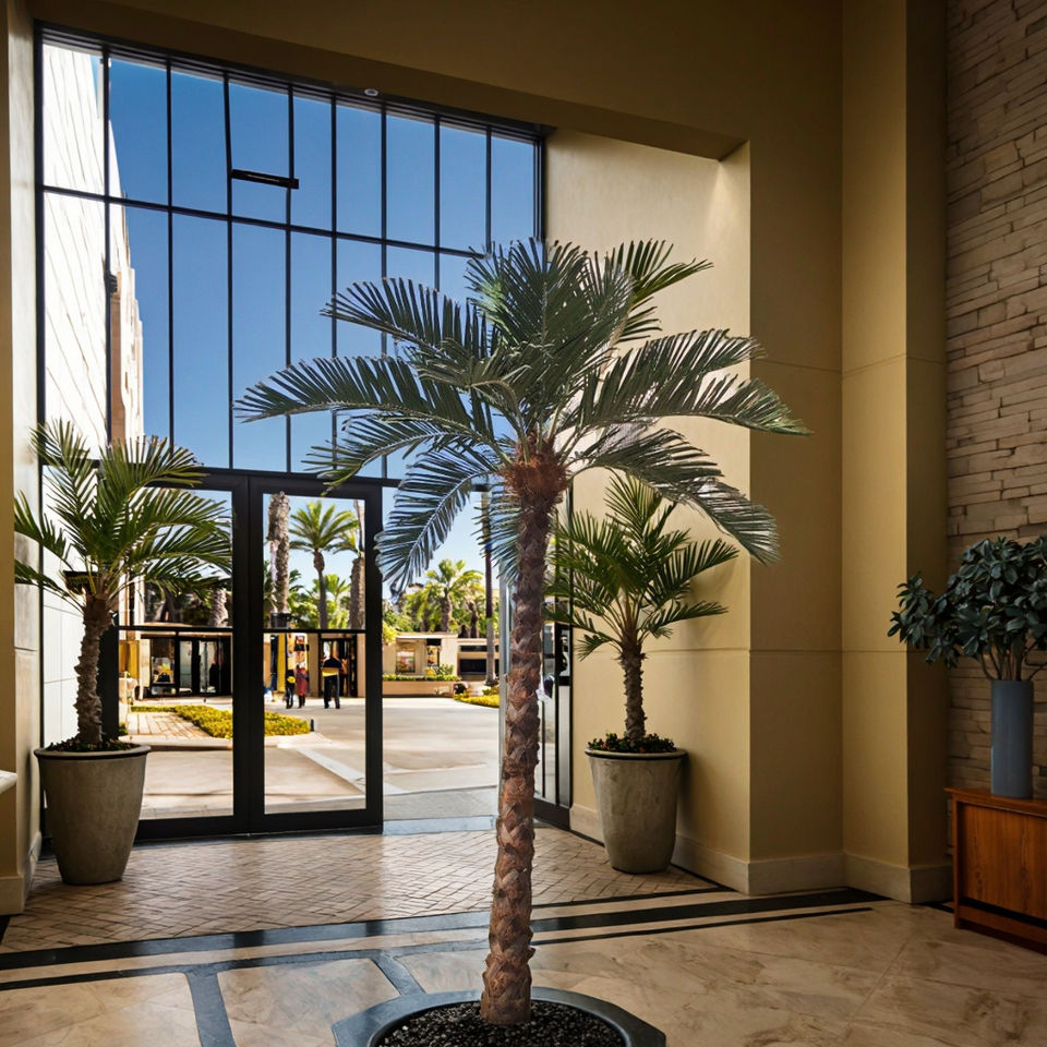 The curved trunk of the palm, built over a stainless steel core for outdoor use