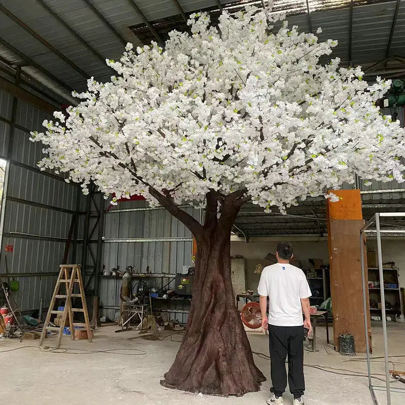 Artificial sakura tree 5ft tall, massed with white silk cherry blossoms on bare branches