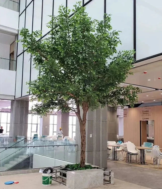 Artificial banyan 5m tall, dense ficus foliage set on a natural wood trunk