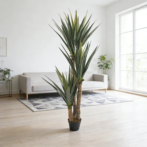Artificial agave plant 5ft tall, thick pointed leaves fanning out from a potted base