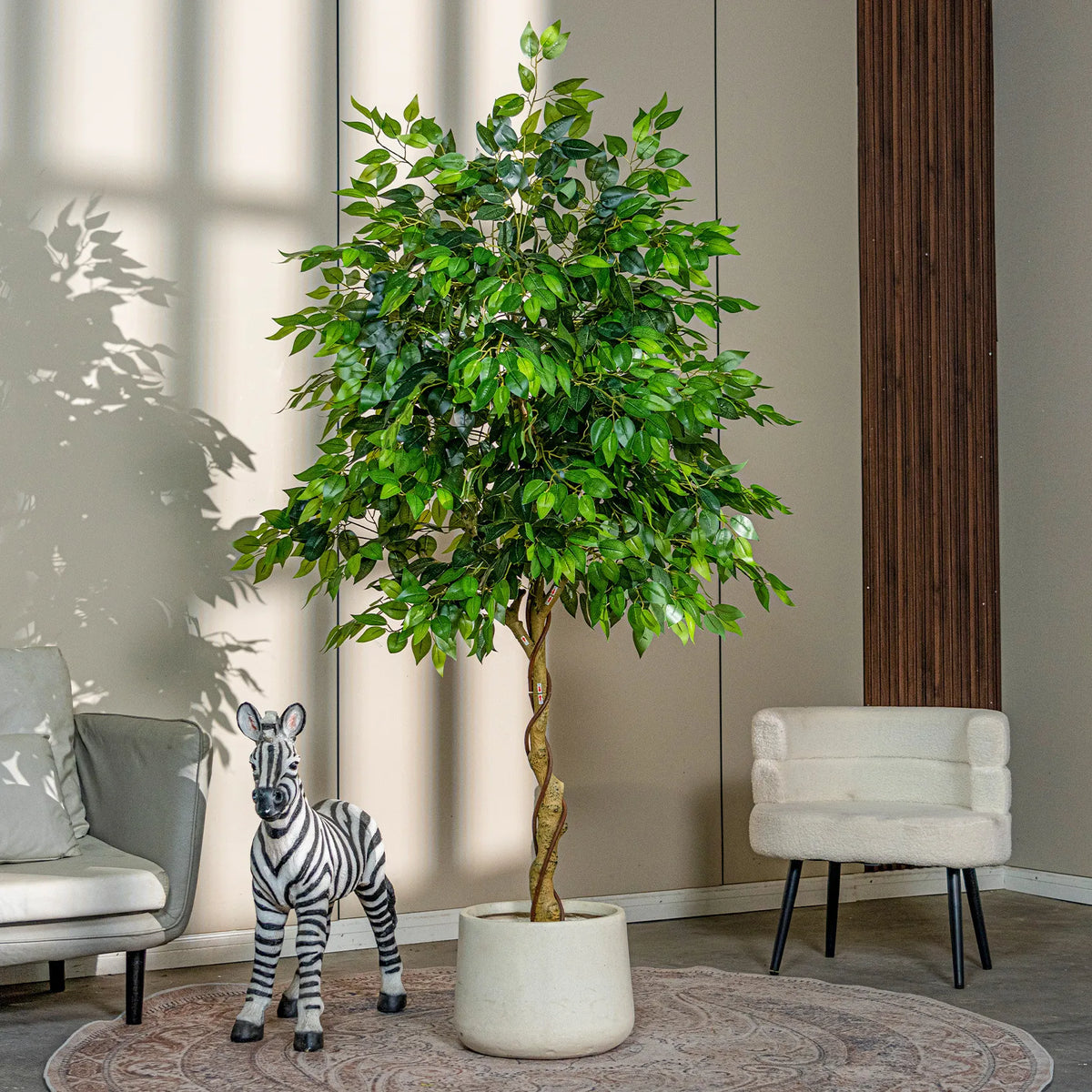 Artificial ficus benjamina 7ft tall, small real-touch leaves massed on fine branches