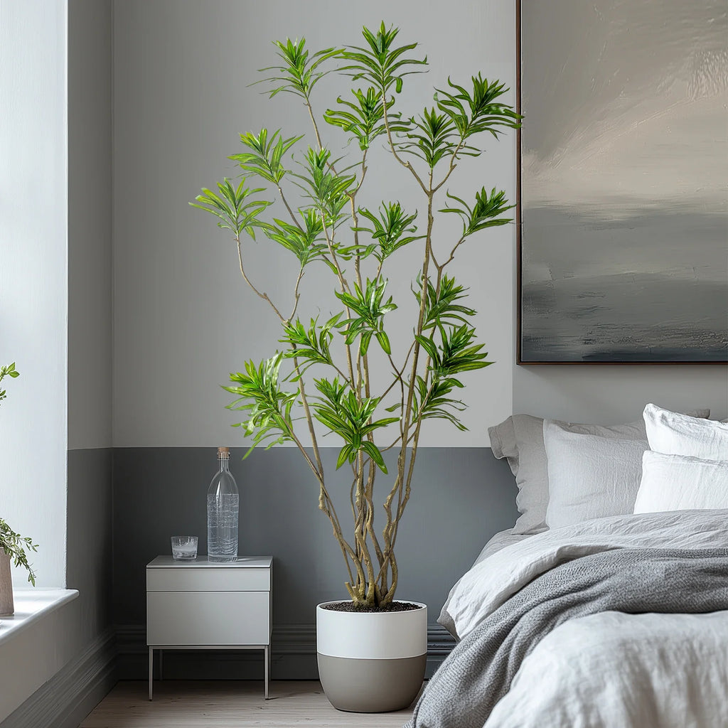 The bamboo tree in a minimalist interior standing beside a plain pale wall