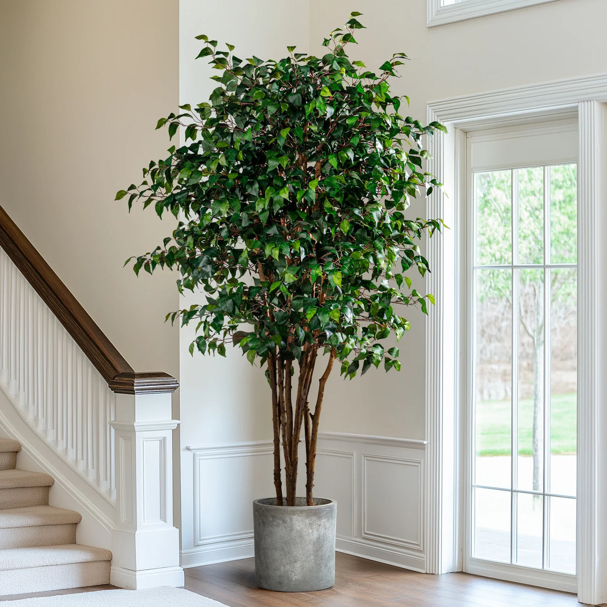 Artificial fig tree 4ft tall, broad green leaves set on a natural wood trunk