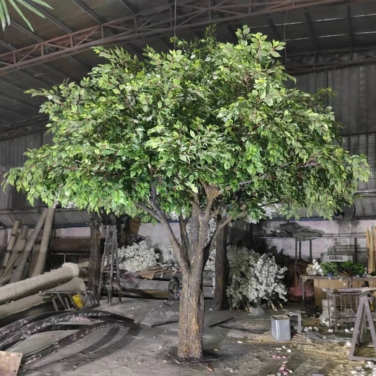 Artificial banyan 13ft tall, lush green foliage spread over a wide outdoor crown