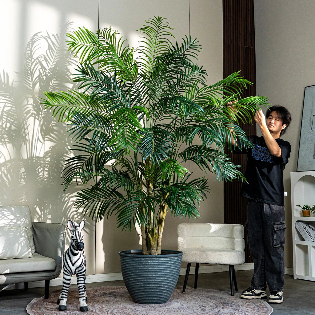 Leaf segments of the lady palm seen from above, fanning out from each stem