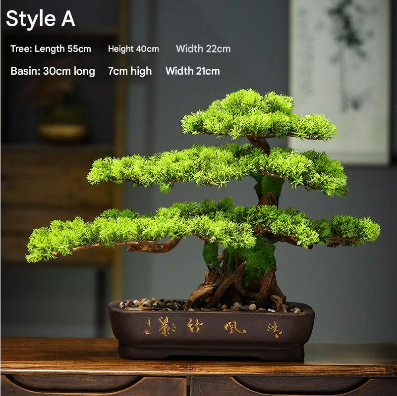 Artificial pine bonsai 4ft tall, potted, with branches shaped into flat green pads