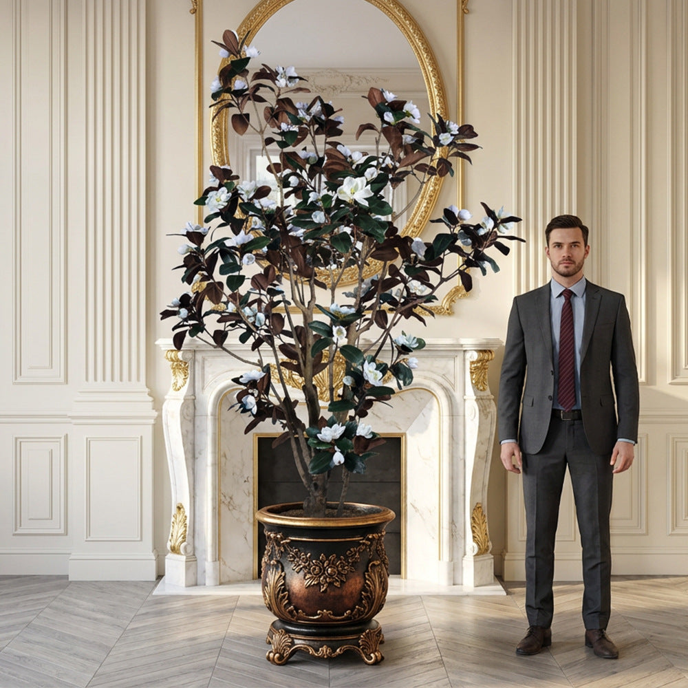 The magnolia tree in a living room corner, blooms reaching over the seating