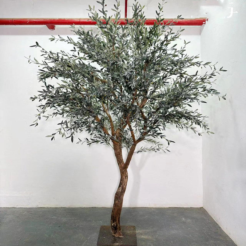 The floor-standing olive tree in a commercial lobby beside a staircase