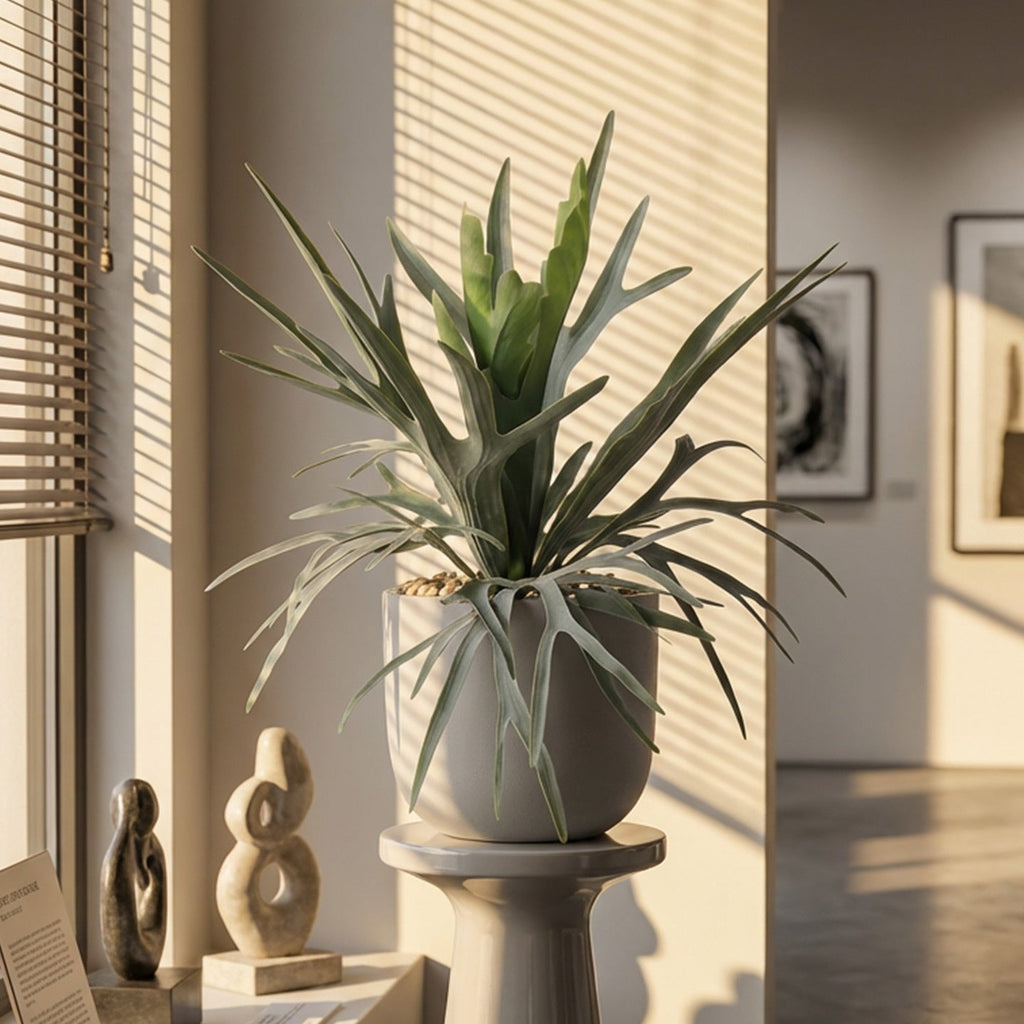The potted staghorn fern in a commercial interior standing beside a pale wall