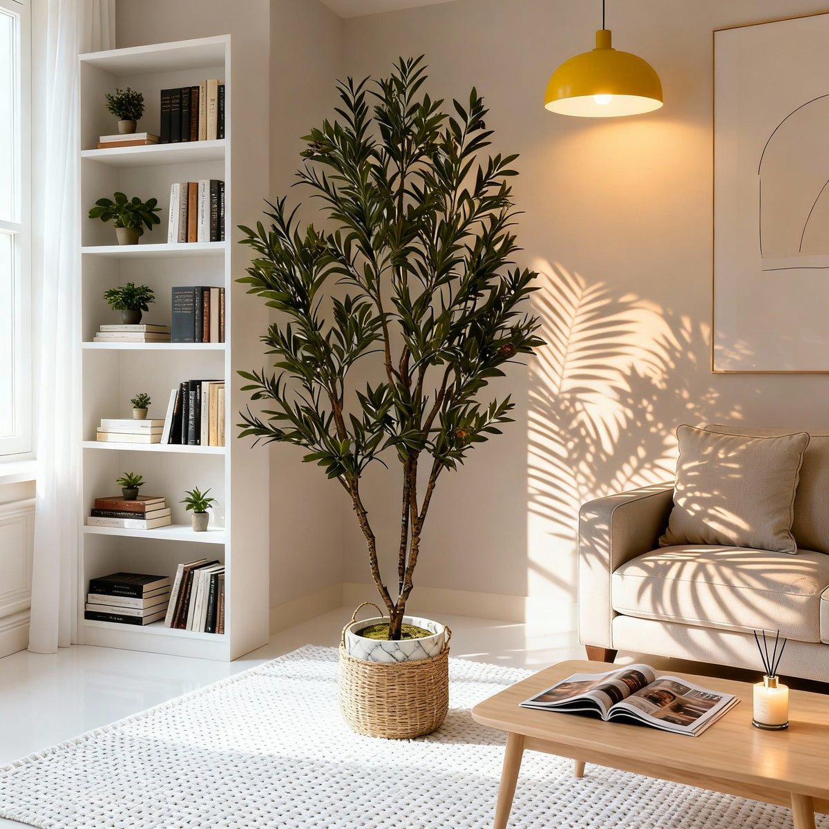 Artificial olive tree in a plain pot, silver-green leaves on slim Nordic-style branches