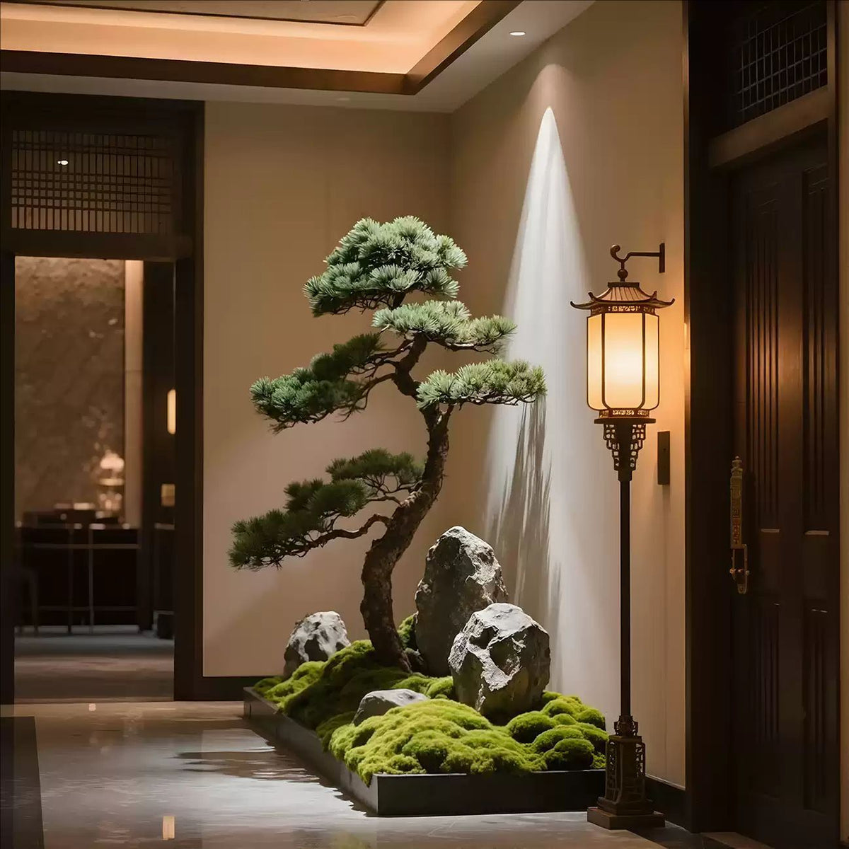 The sculpted trunk of the 6ft artificial pine curving up between its branch tiers