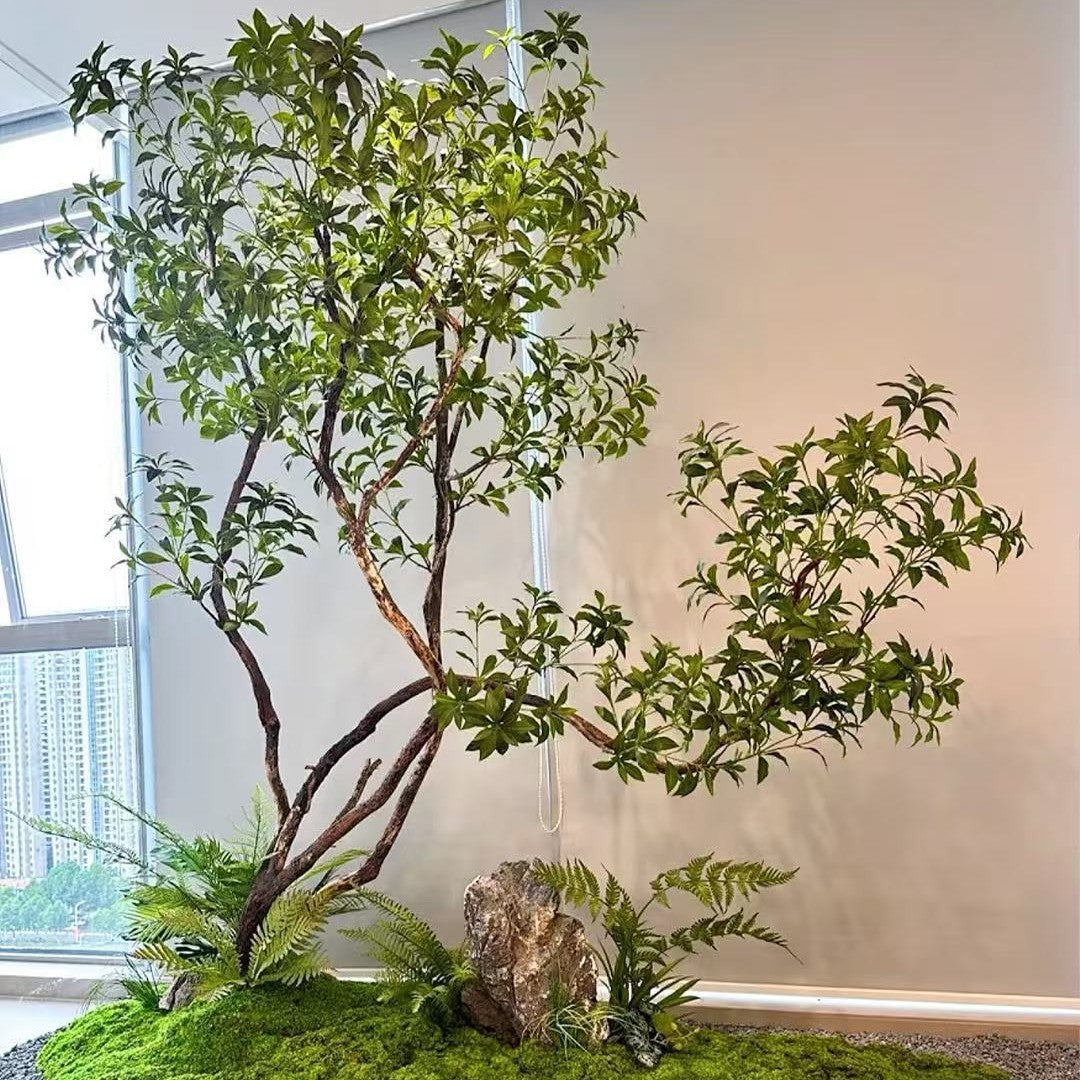 The Pieris tree in a lobby reception, greening an otherwise pared-back interior