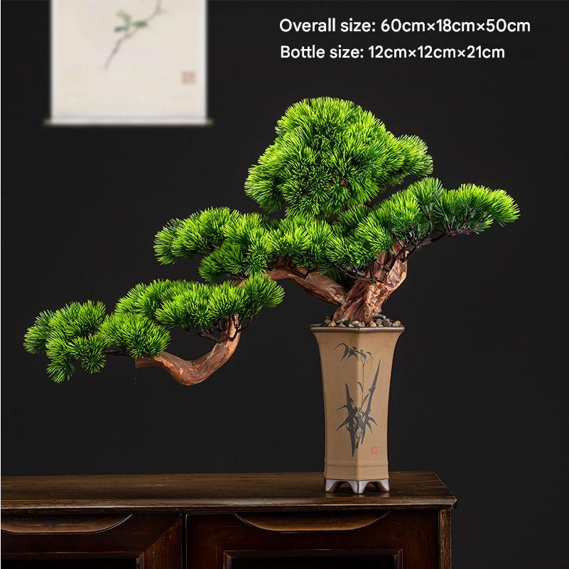Pot and base of the artificial pine bonsai, topped with moss and gravel