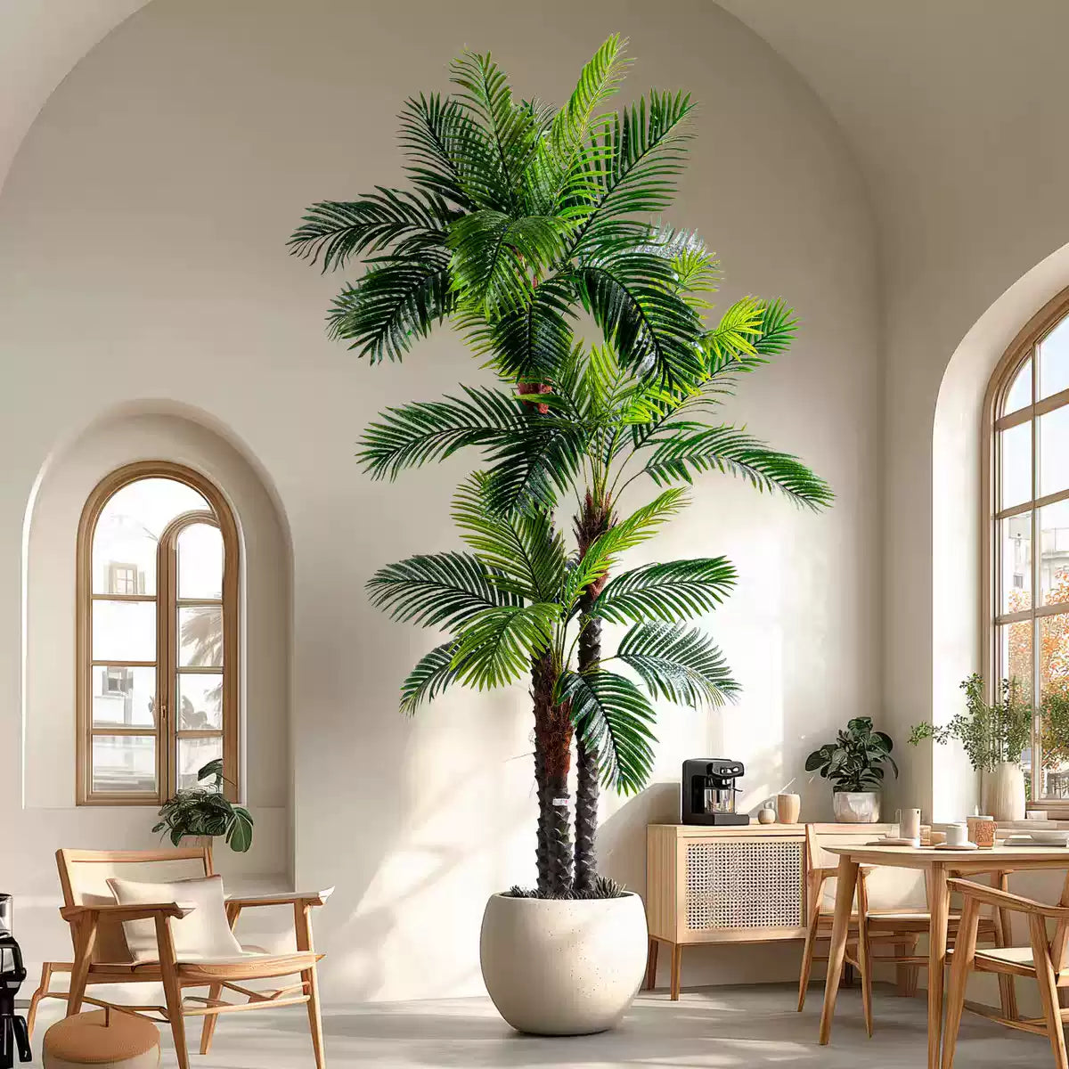 Artificial palm tree styled for commercial interiors, fronds arching from a bare trunk