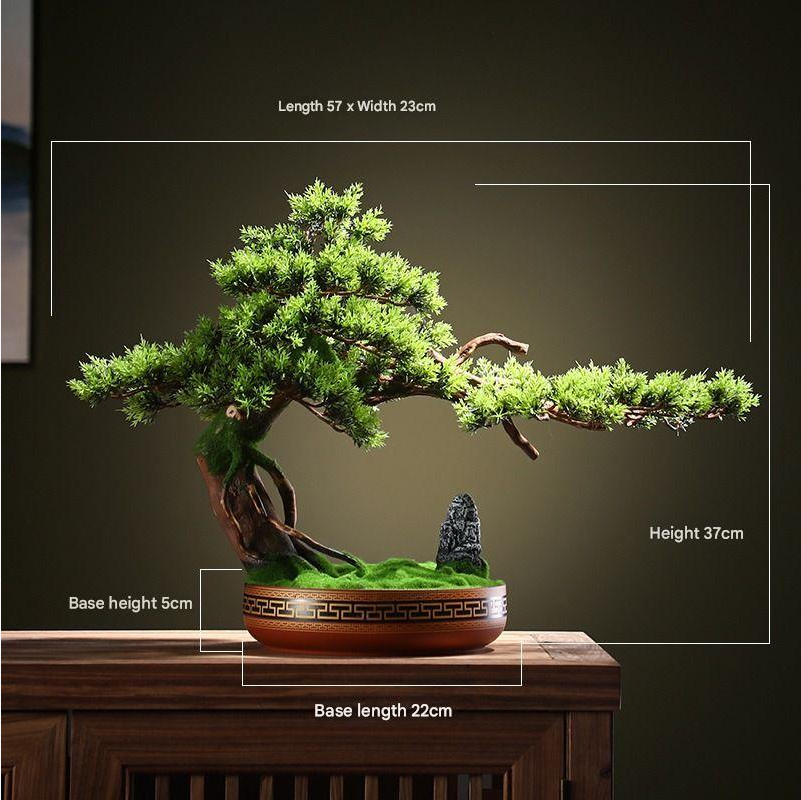 Artificial pine bonsai ornament 4ft tall, branches trained into layered pads
