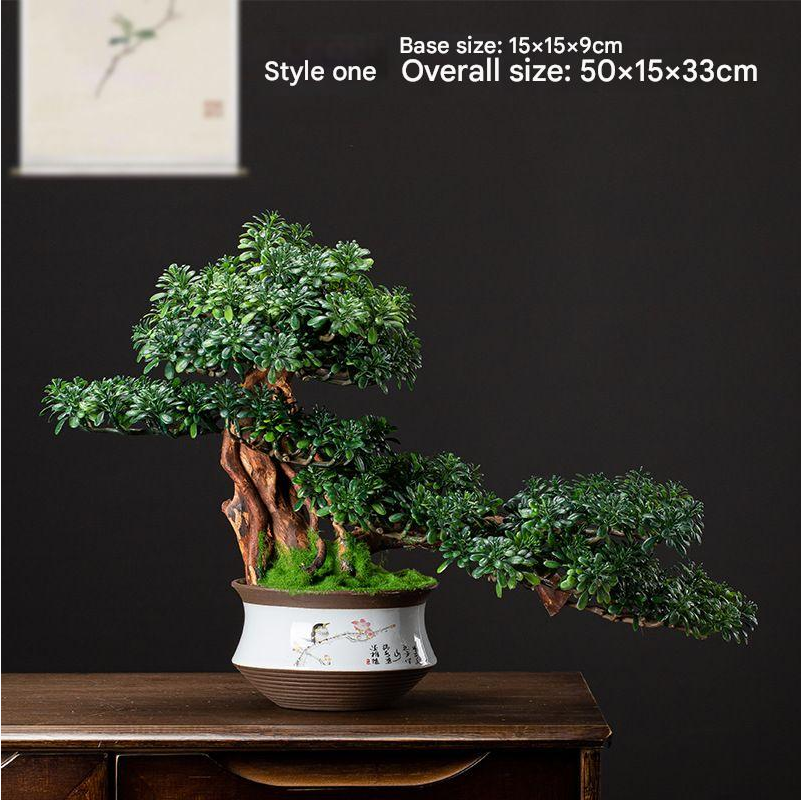 Artificial pine bonsai plant, potted, with its branches shaped into flat green pads