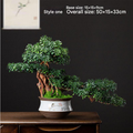 Artificial pine bonsai plant, potted, with its branches shaped into flat green pads